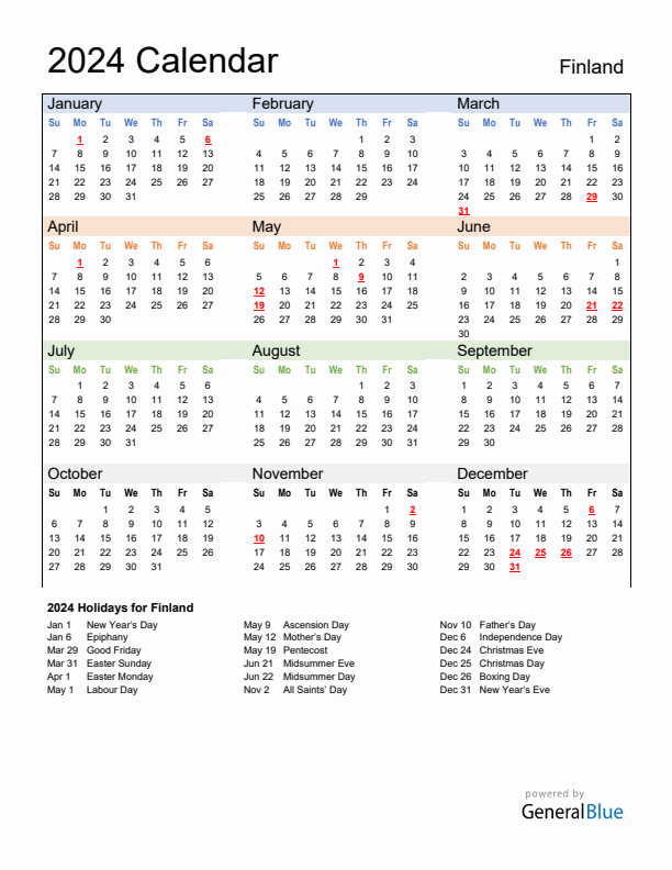 Calendar 2024 with Finland Holidays