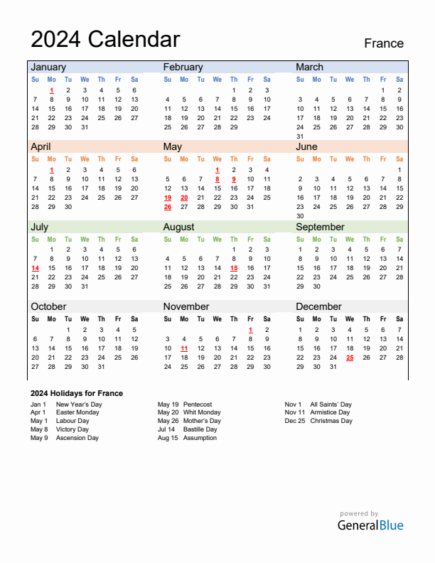 Calendar 2024 with France Holidays