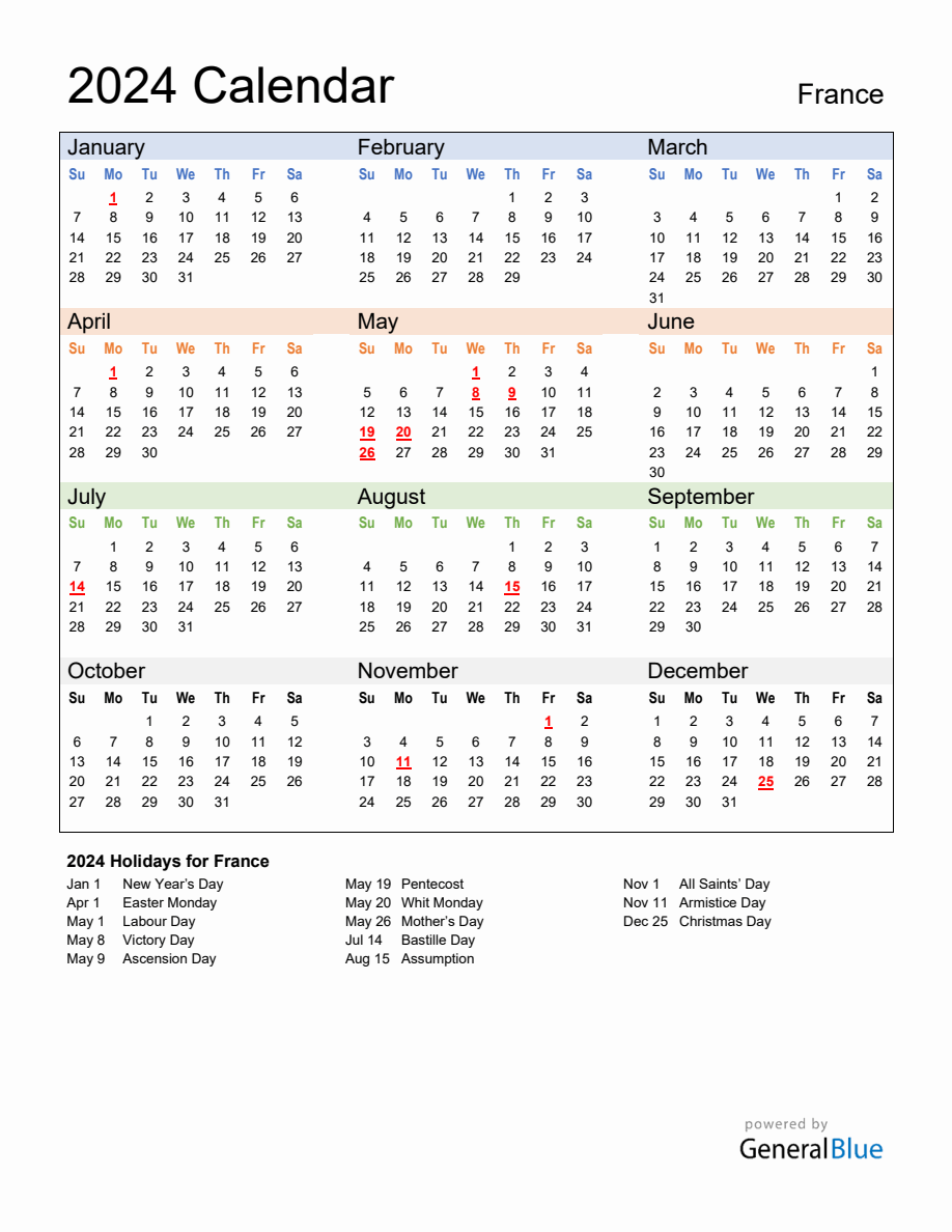 Annual Calendar 2024 with France Holidays