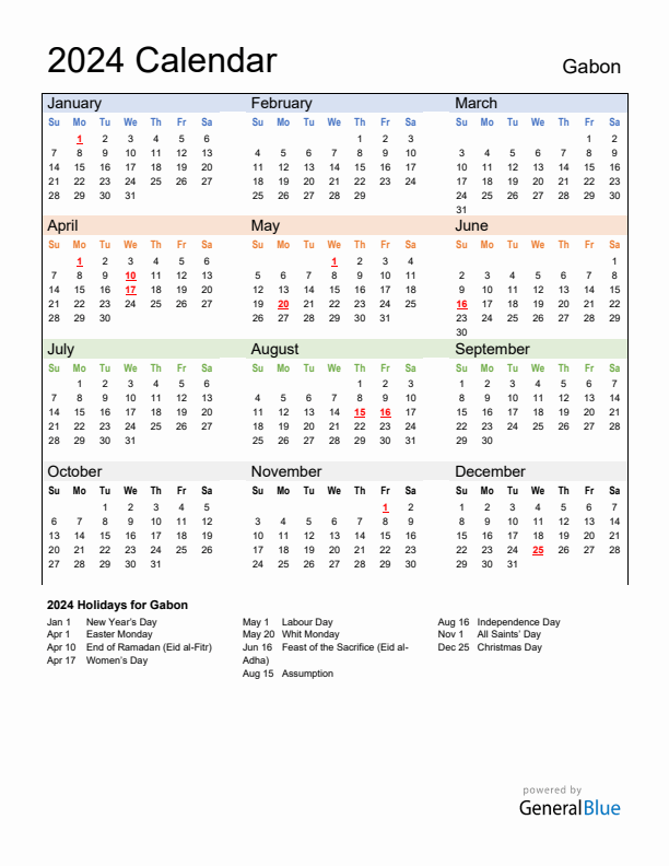 Calendar 2024 with Gabon Holidays