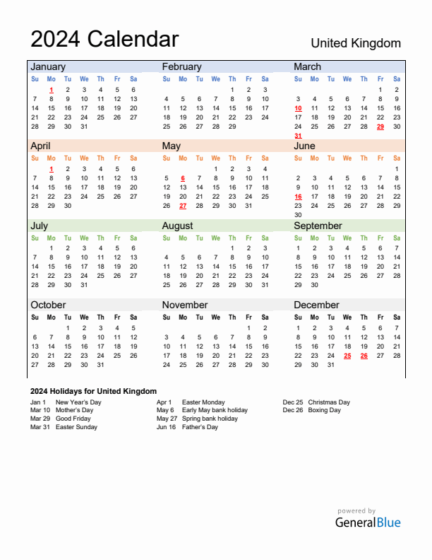 Calendar 2024 with United Kingdom Holidays