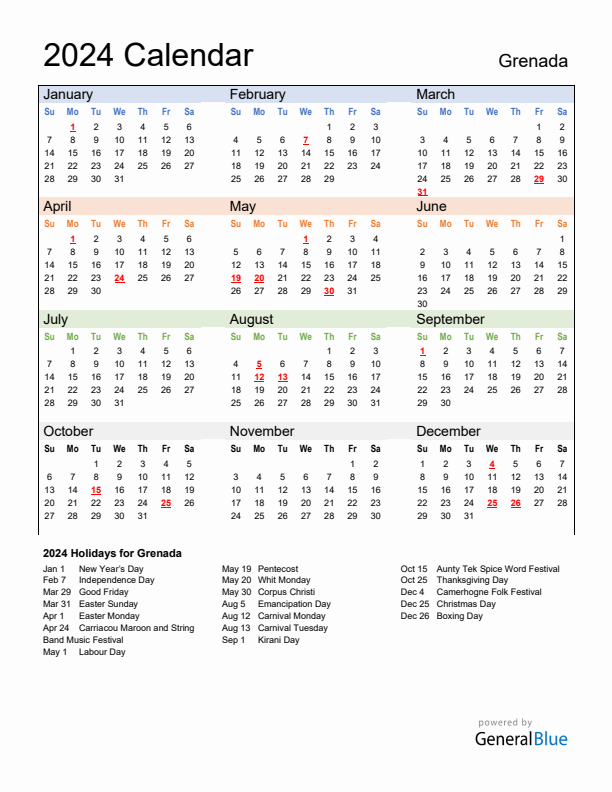 Annual Calendar 2024 with Grenada Holidays