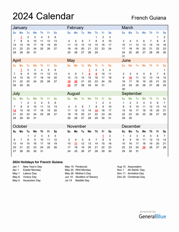Calendar 2024 with French Guiana Holidays