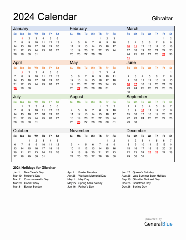 Calendar 2024 with Gibraltar Holidays