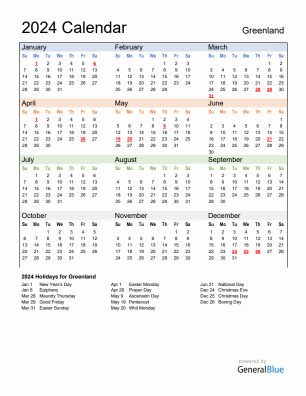 Calendar 2024 with Greenland Holidays