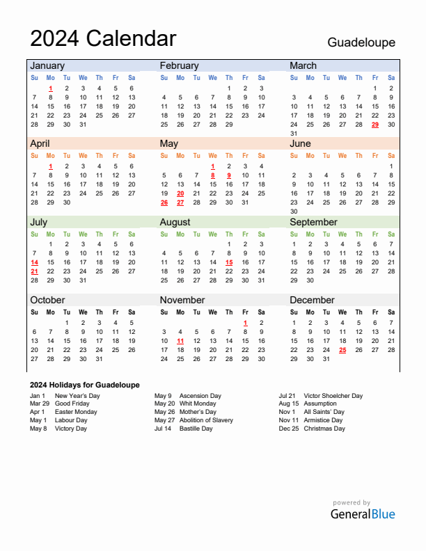 Calendar 2024 with Guadeloupe Holidays