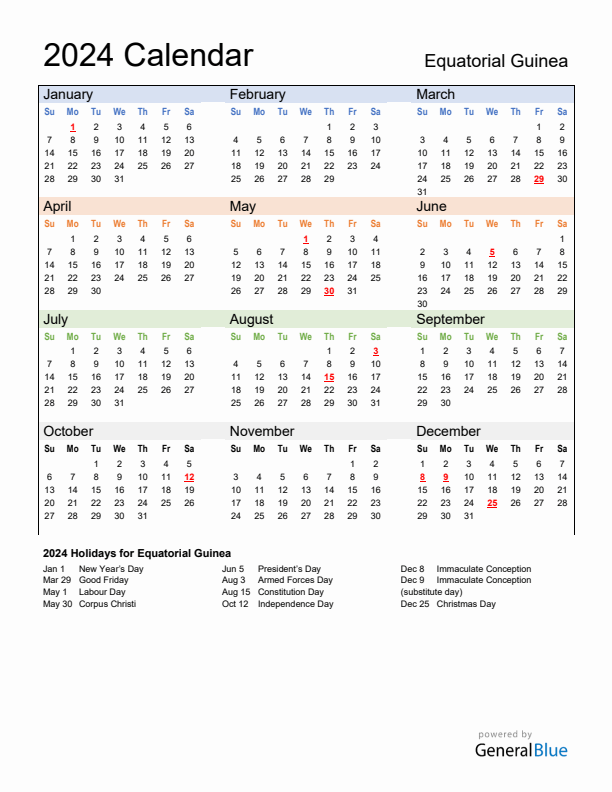 Calendar 2024 with Equatorial Guinea Holidays