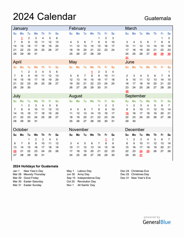Annual Calendar 2024 with Guatemala Holidays