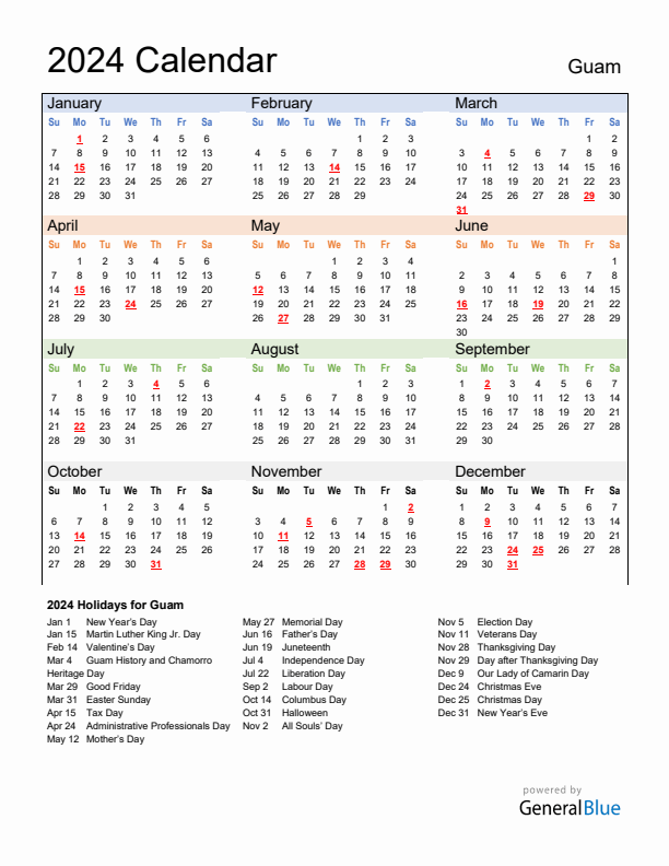 Calendar 2024 with Guam Holidays