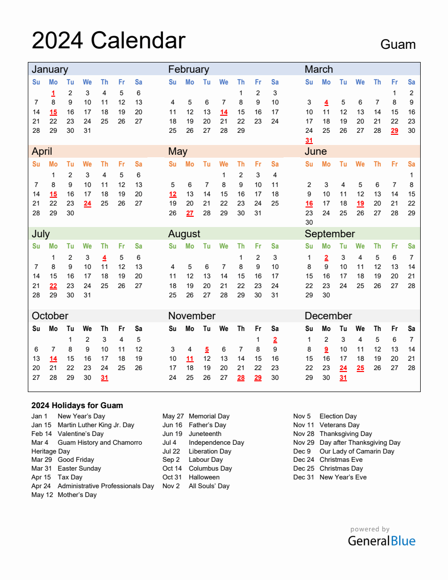 Annual Calendar 2024 with Guam Holidays