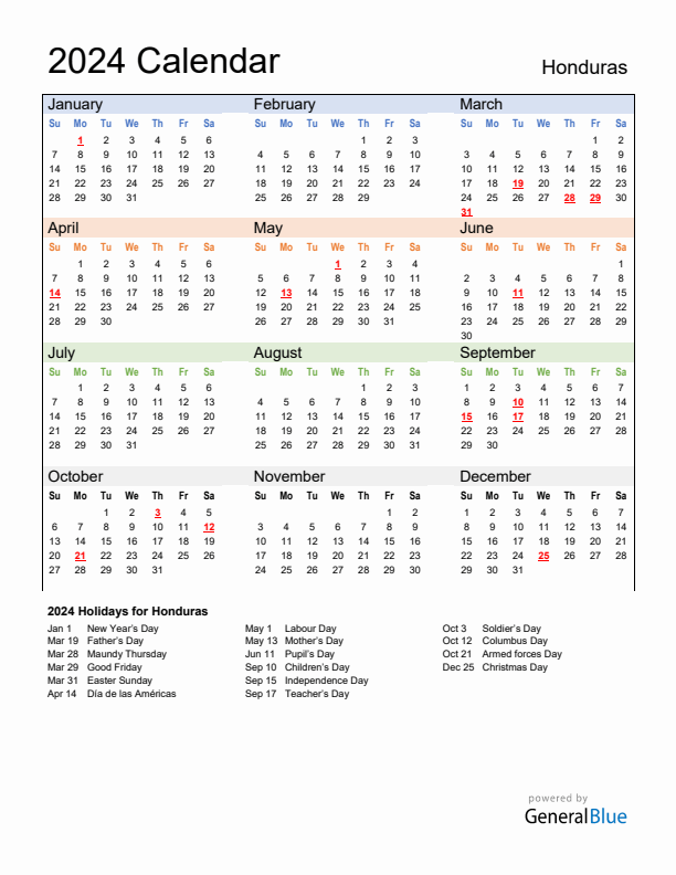 Calendar 2024 with Honduras Holidays