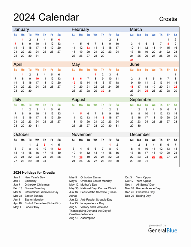 Calendar 2024 with Croatia Holidays