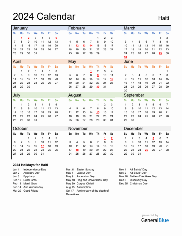 Calendar 2024 with Haiti Holidays
