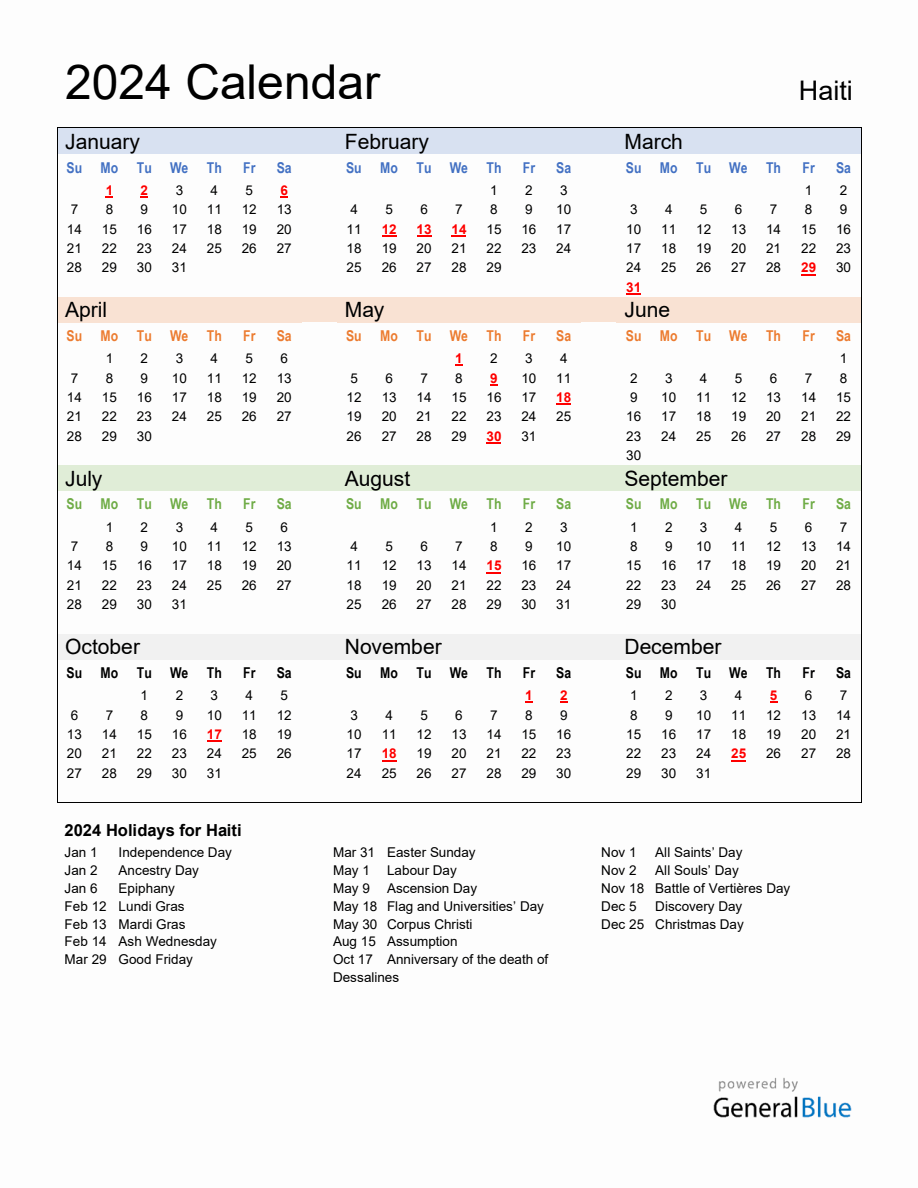 Annual Calendar 2024 with Haiti Holidays