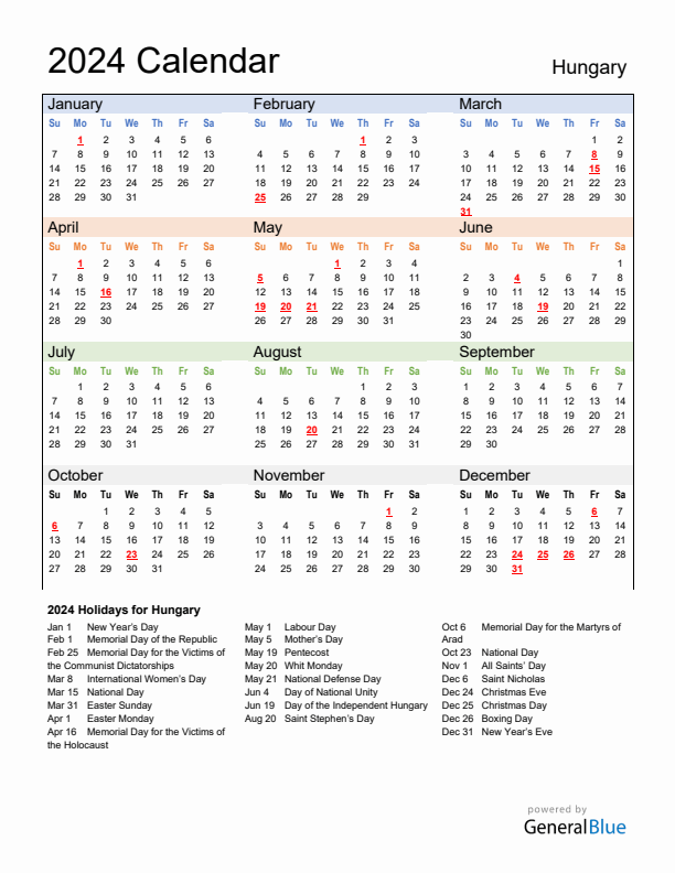 Calendar 2024 with Hungary Holidays