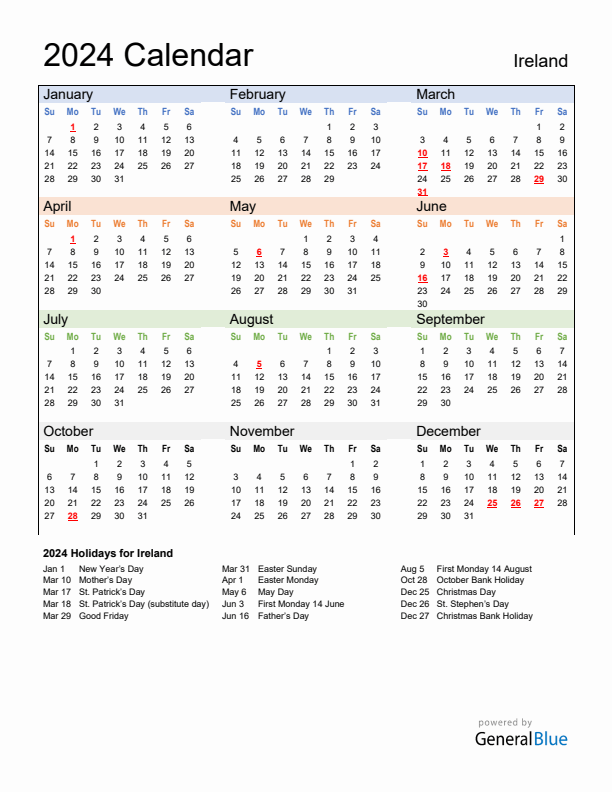 Calendar 2024 with Ireland Holidays