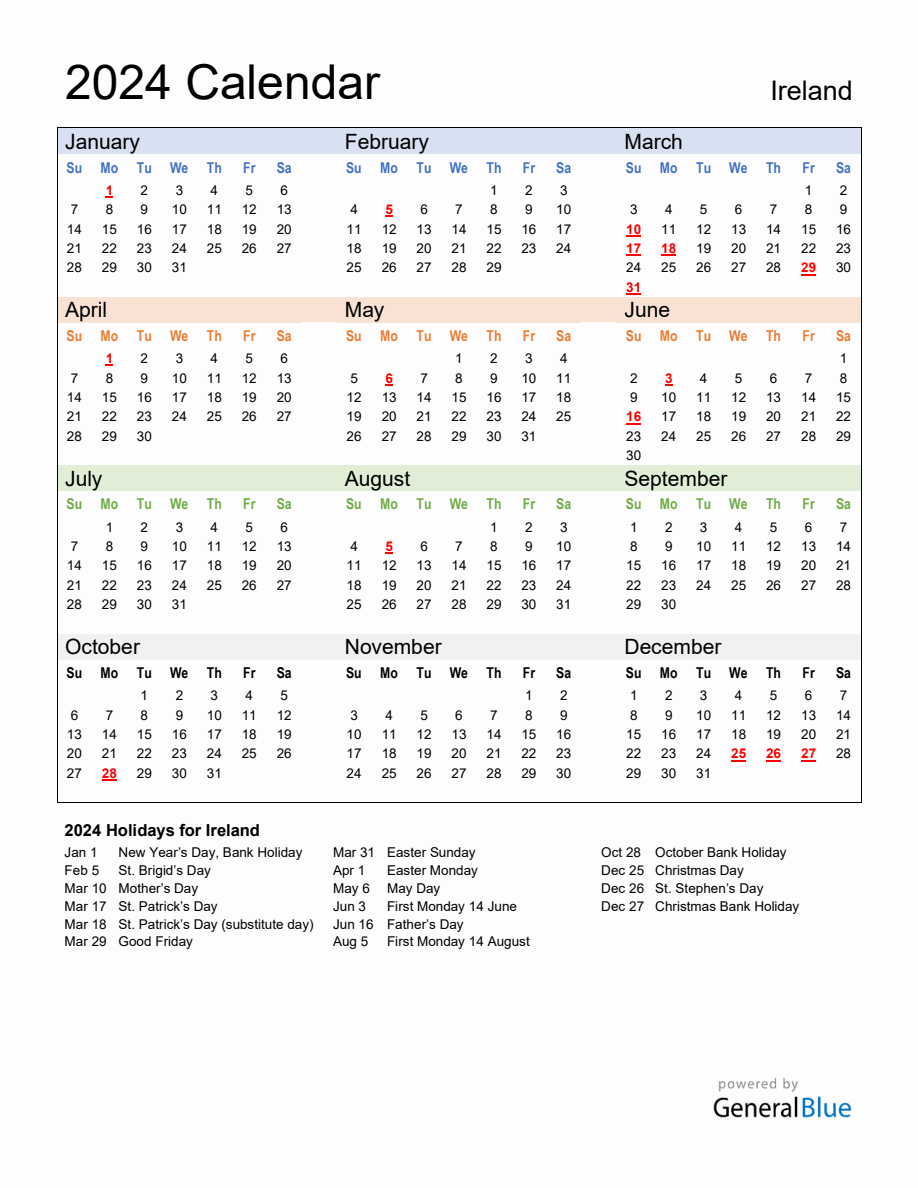 Annual Calendar 2024 with Ireland Holidays