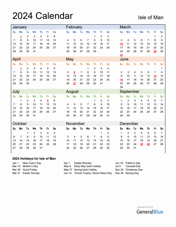 Calendar 2024 with Isle of Man Holidays