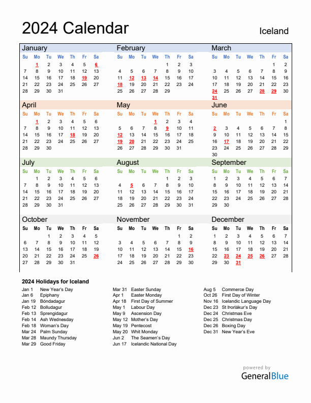 Calendar 2024 with Iceland Holidays