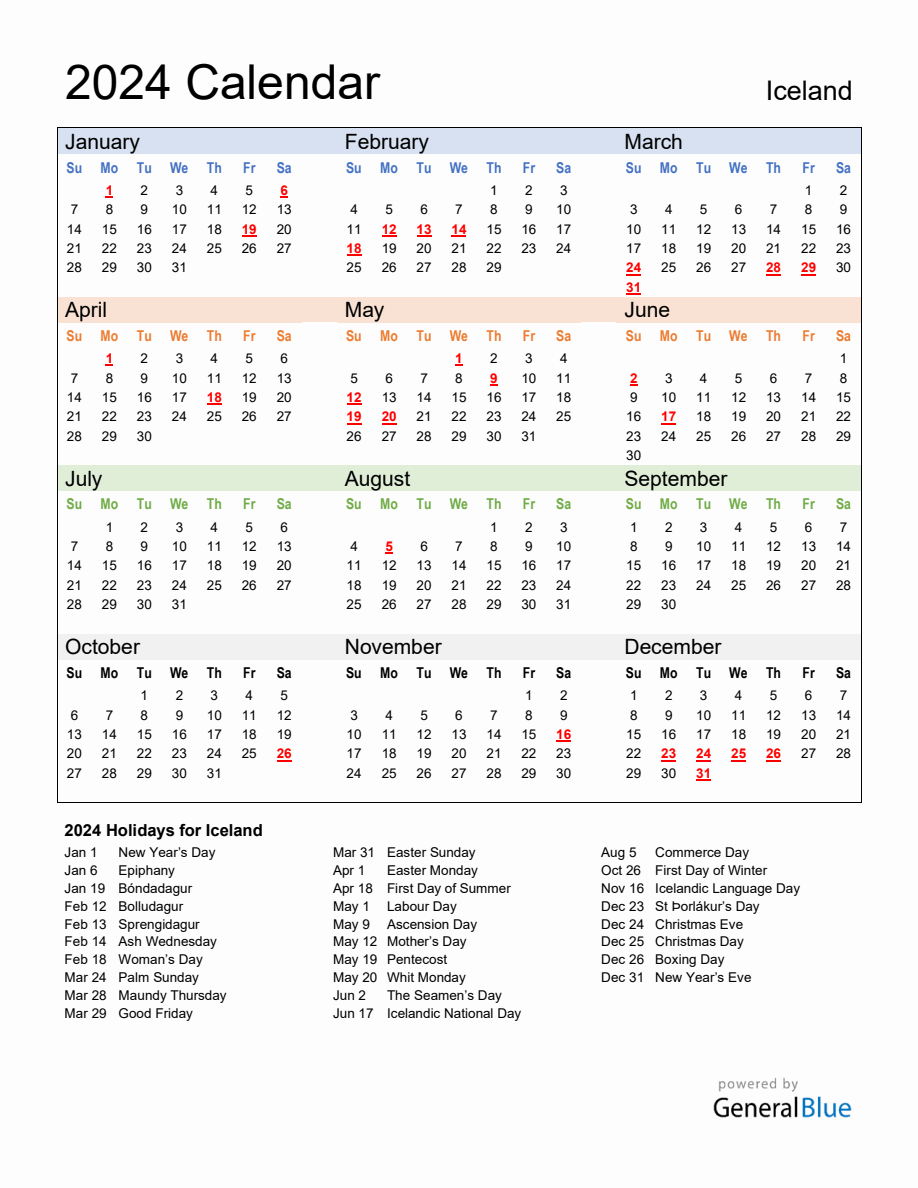 Annual Calendar 2024 with Iceland Holidays