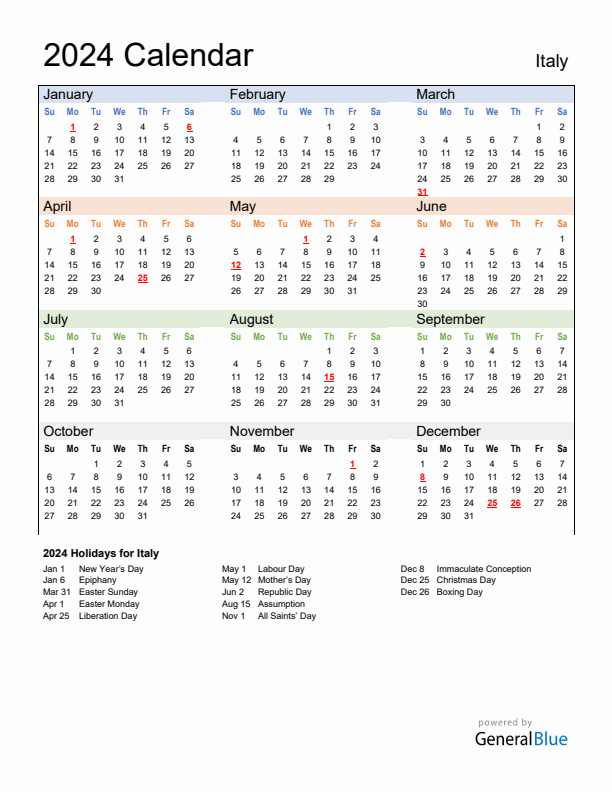 Calendar 2024 with Italy Holidays