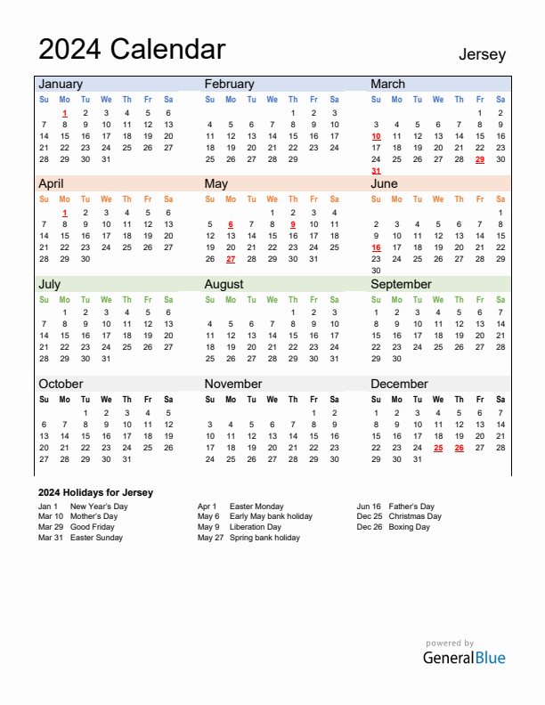 Calendar 2024 with Jersey Holidays