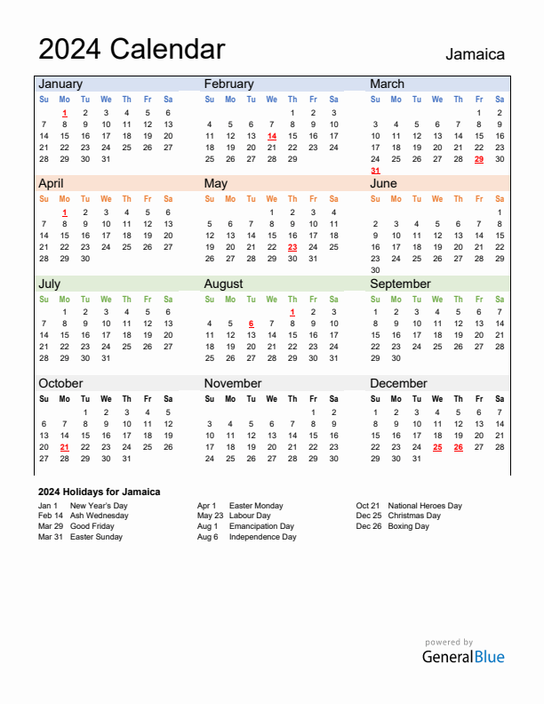 Calendar 2024 with Jamaica Holidays