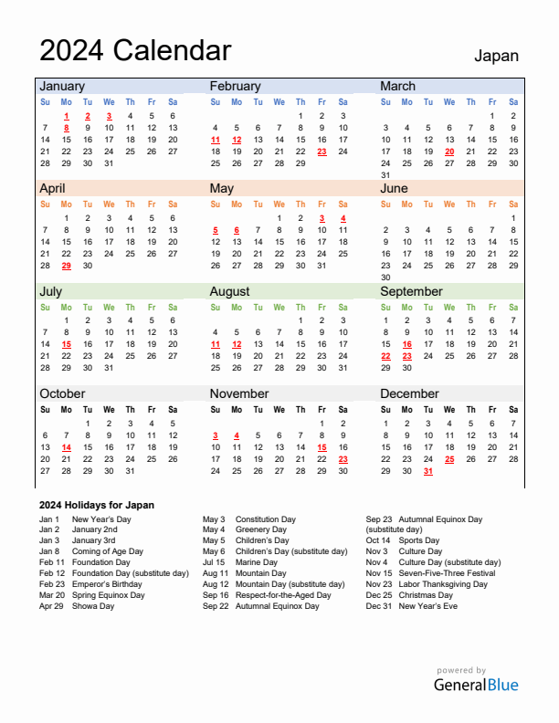 Calendar 2024 with Japan Holidays