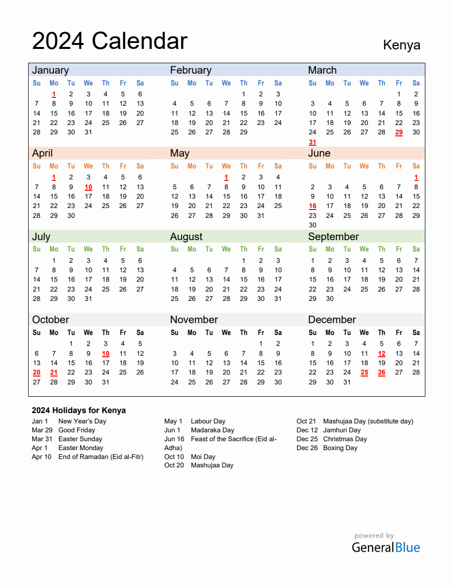 Annual Calendar 2024 with Kenya Holidays