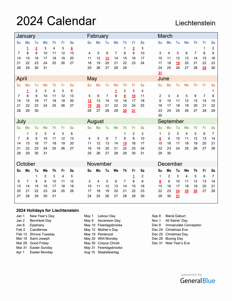 Annual Calendar 2024 with Liechtenstein Holidays