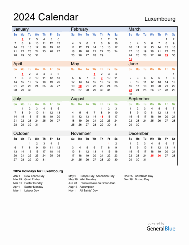 Calendar 2024 with Luxembourg Holidays
