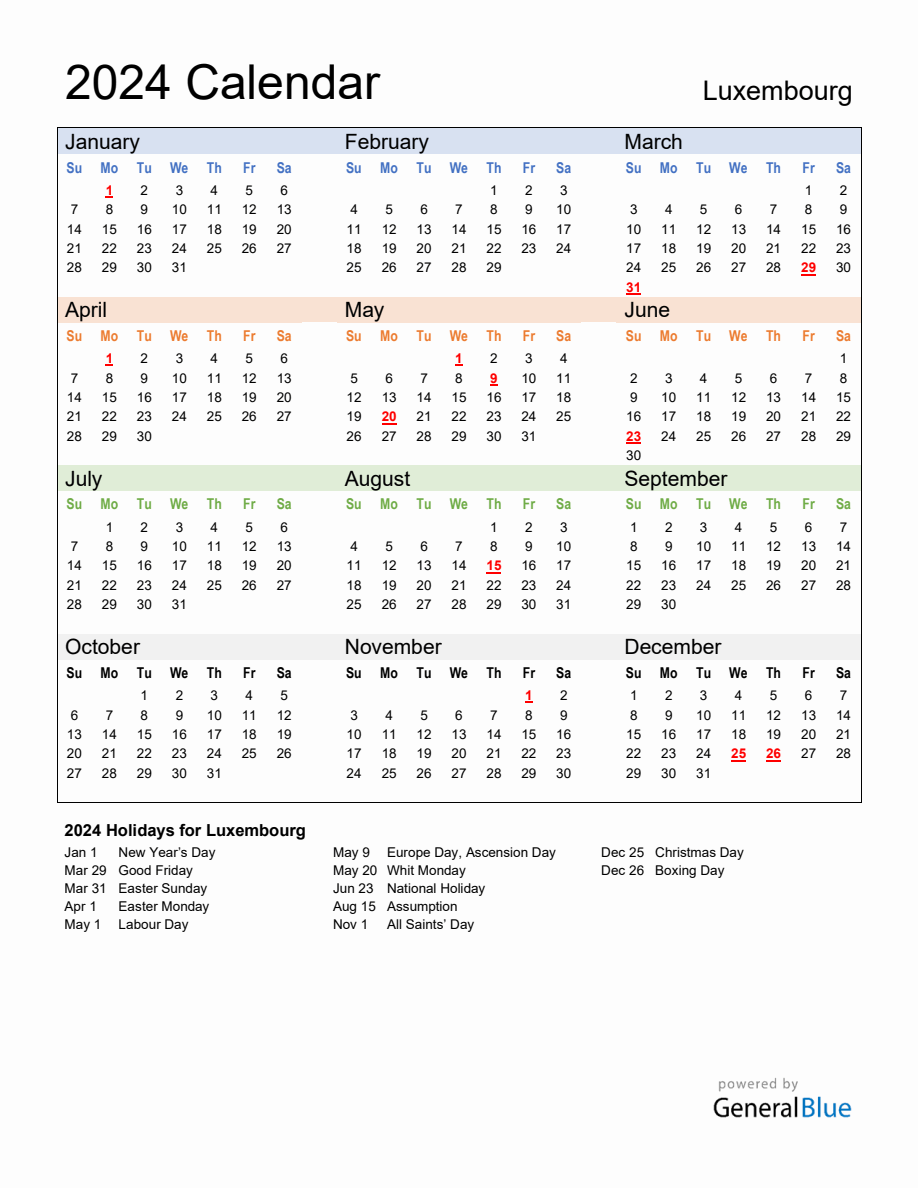 Annual Calendar 2024 with Luxembourg Holidays