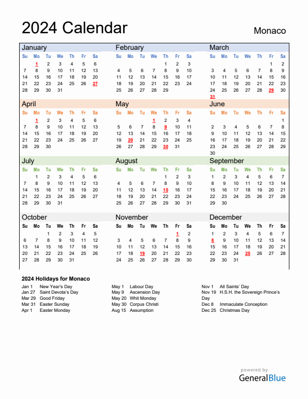 Calendar 2024 with Monaco Holidays