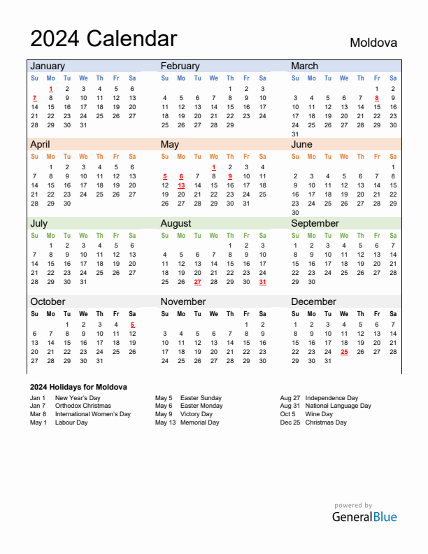 Calendar 2024 with Moldova Holidays