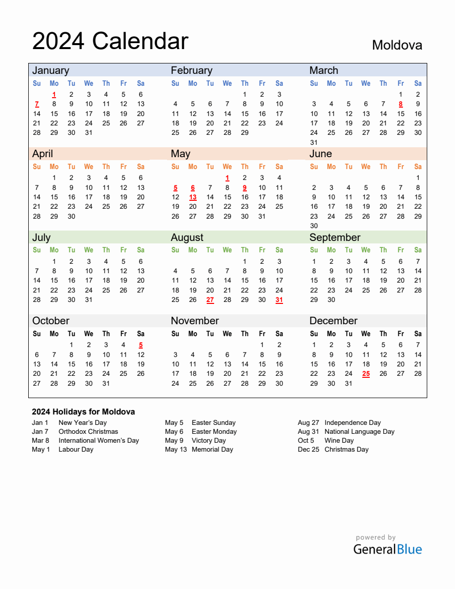 Annual Calendar 2024 with Moldova Holidays