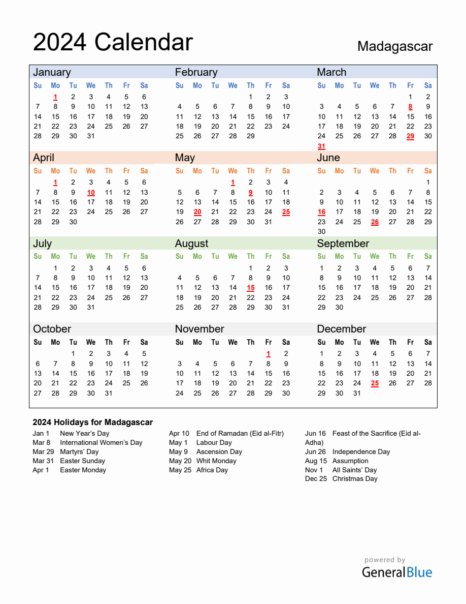 Annual Calendar 2024 with Madagascar Holidays