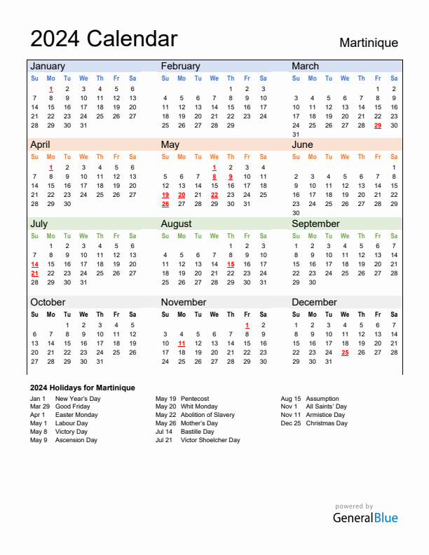 Calendar 2024 with Martinique Holidays