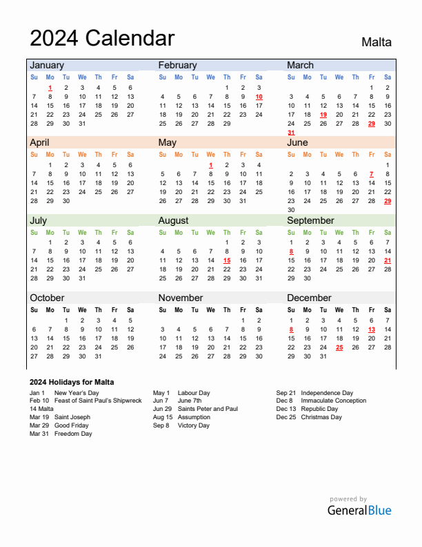 Calendar 2024 with Malta Holidays