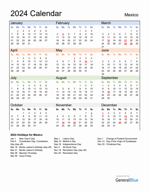 Calendar 2024 with Mexico Holidays