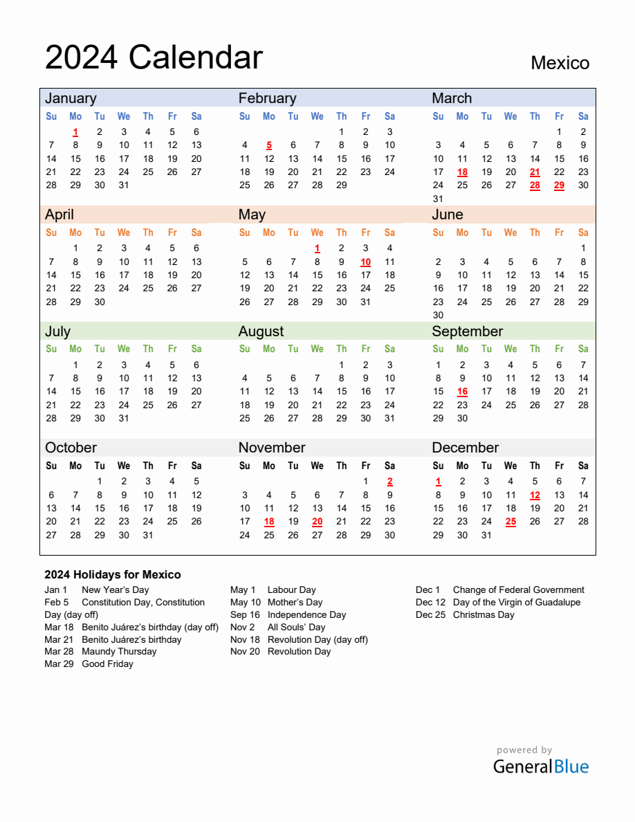 Annual Calendar 2024 With Mexico Holidays   2024 Calendar Multi Colored With Holidays Portrait Sunday Start En Mx 918x1188 