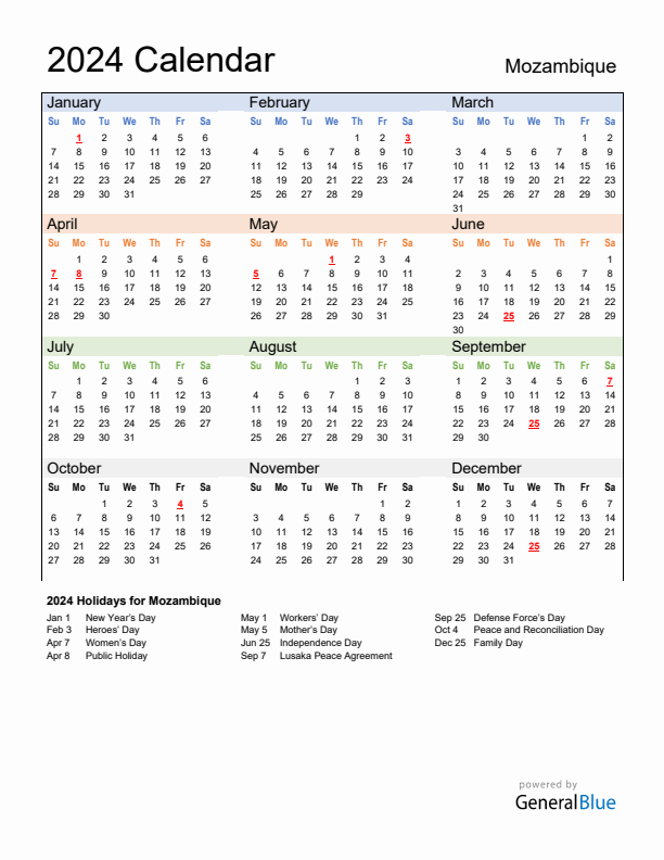 Calendar 2024 with Mozambique Holidays