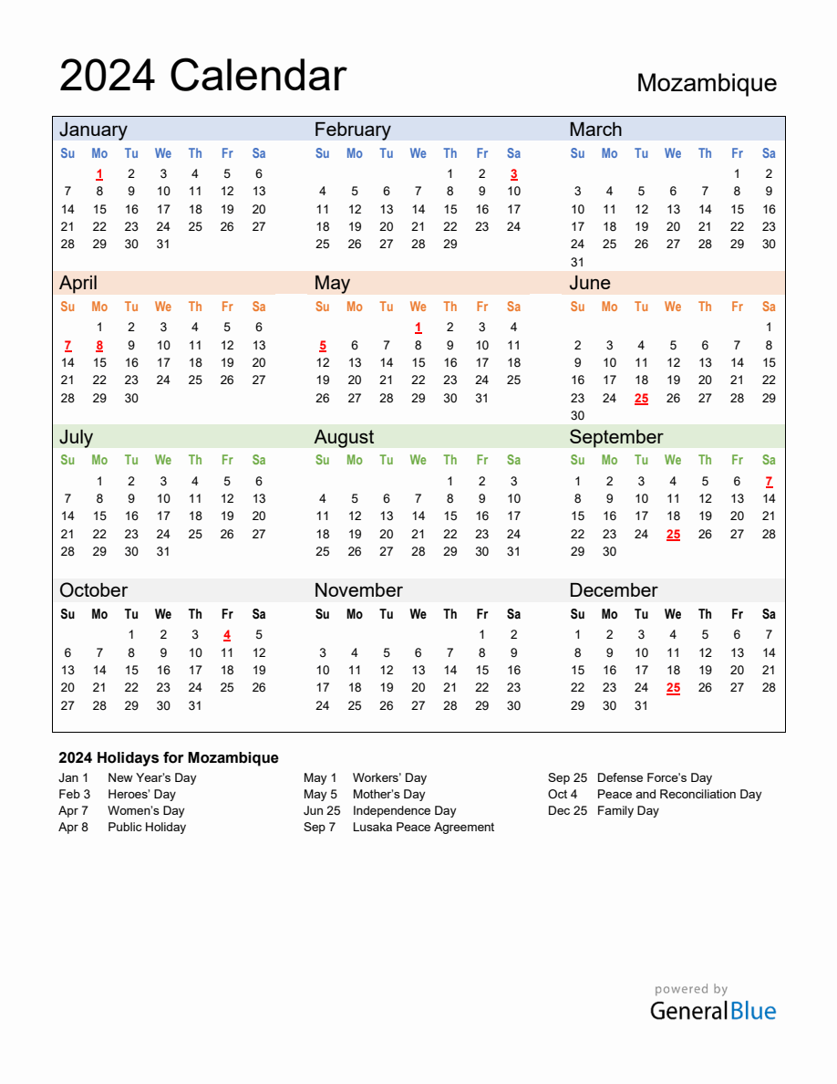 Annual Calendar 2024 With Mozambique Holidays   2024 Calendar Multi Colored With Holidays Portrait Sunday Start En Mz 918x1188 