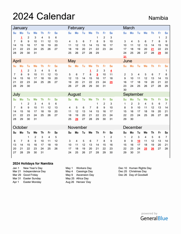 Calendar 2024 with Namibia Holidays