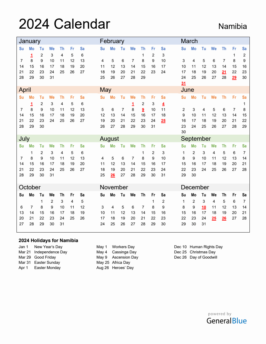 Annual Calendar 2024 with Namibia Holidays
