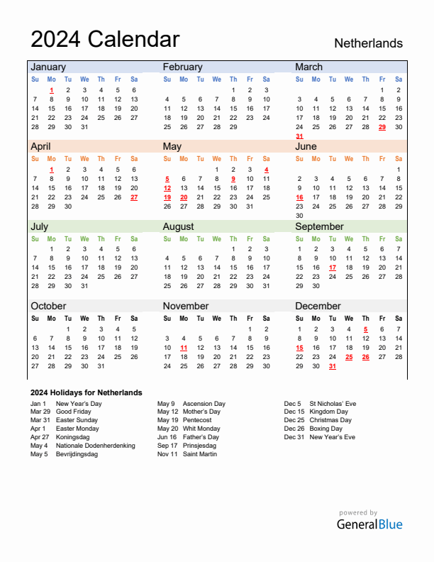 Calendar 2024 with The Netherlands Holidays
