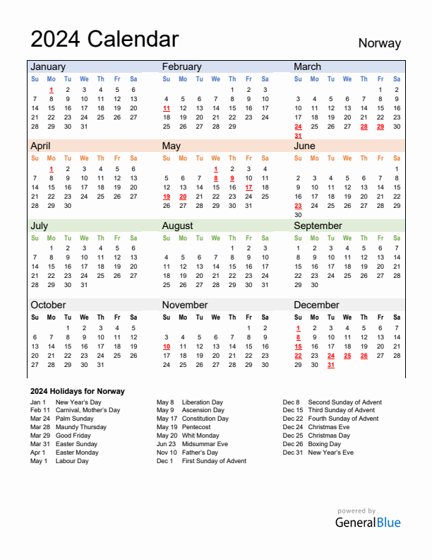 Calendar 2024 with Norway Holidays