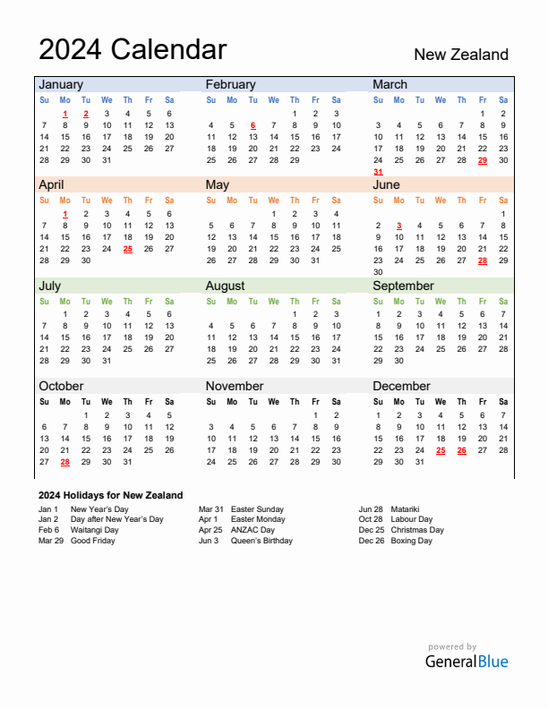 Calendar 2024 with New Zealand Holidays