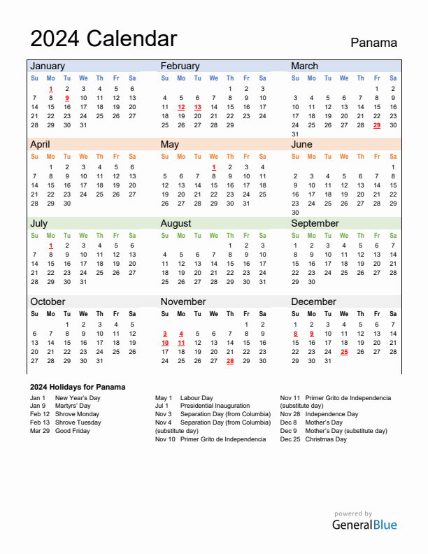 Calendar 2024 with Panama Holidays
