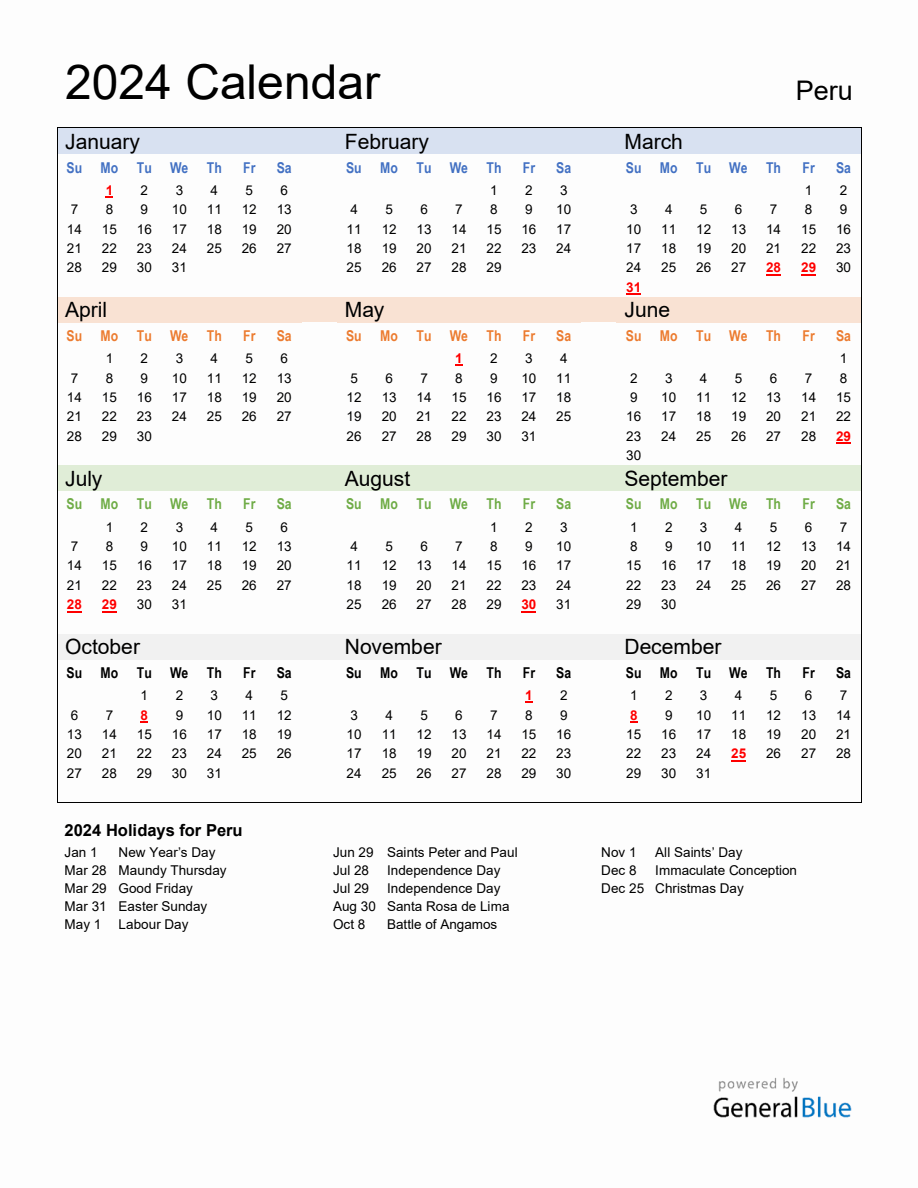 Annual Calendar 2024 with Peru Holidays