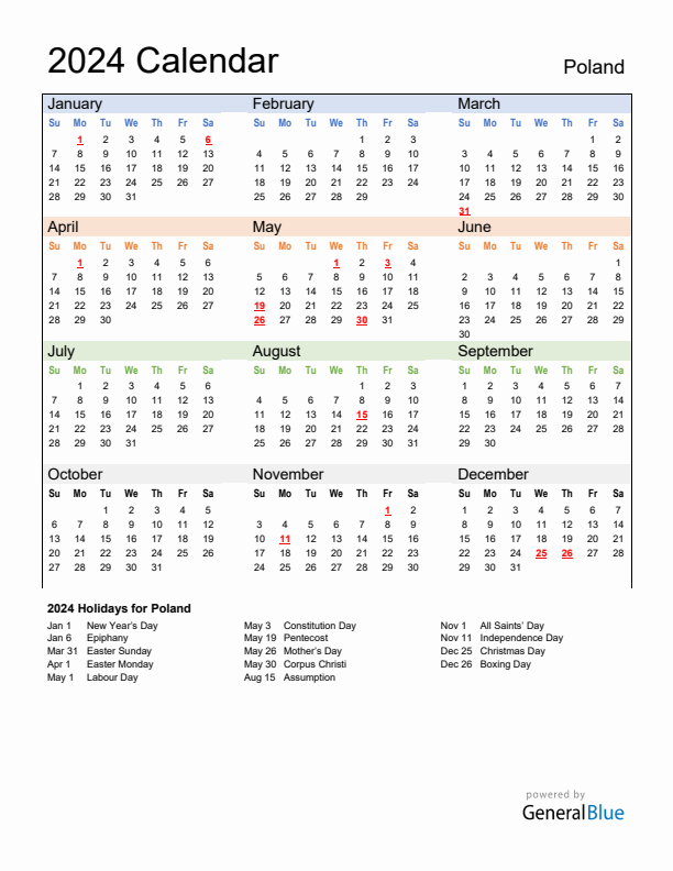 Calendar 2024 with Poland Holidays